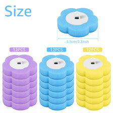 Three sets of blue, purple, and yellow disposable toilet brushes with wall-mounted holders shown side by side.