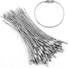 A bundle of stainless steel wire keychain cables with screw locks and a circular loop.