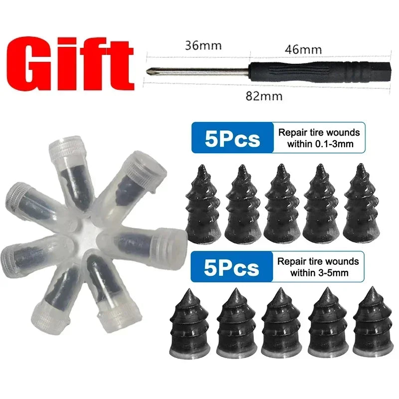 A set of tire puncture repair rubber nails and a tool for repairing tubeless tires.