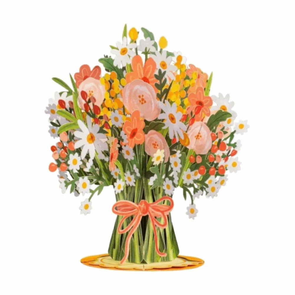 A bouquet of mixed orange, pink, and yellow flowers tied with a ribbon.