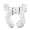 A white baby head and neck support pillow designed for car seats and travel.