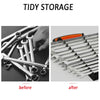 Before and after comparison of a heavy-duty wrench organizer tray for workshop storage.