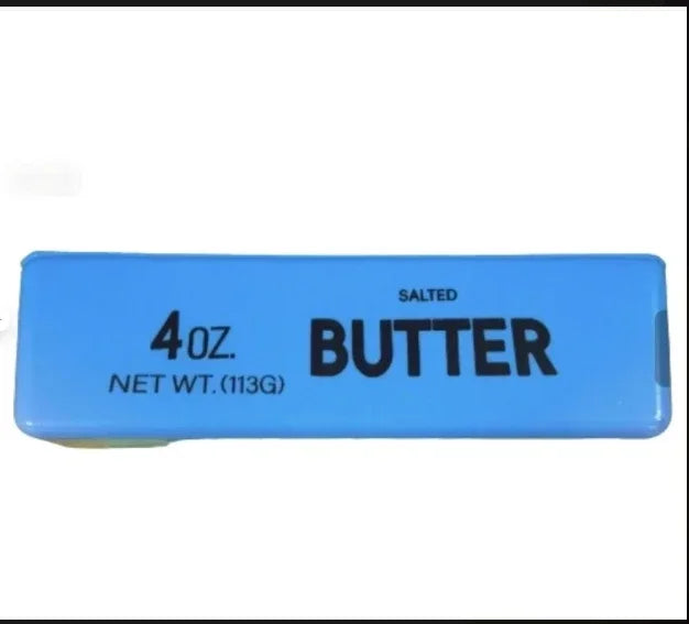 A light blue rectangular container labeled Salted Butter 4oz net wt 113g