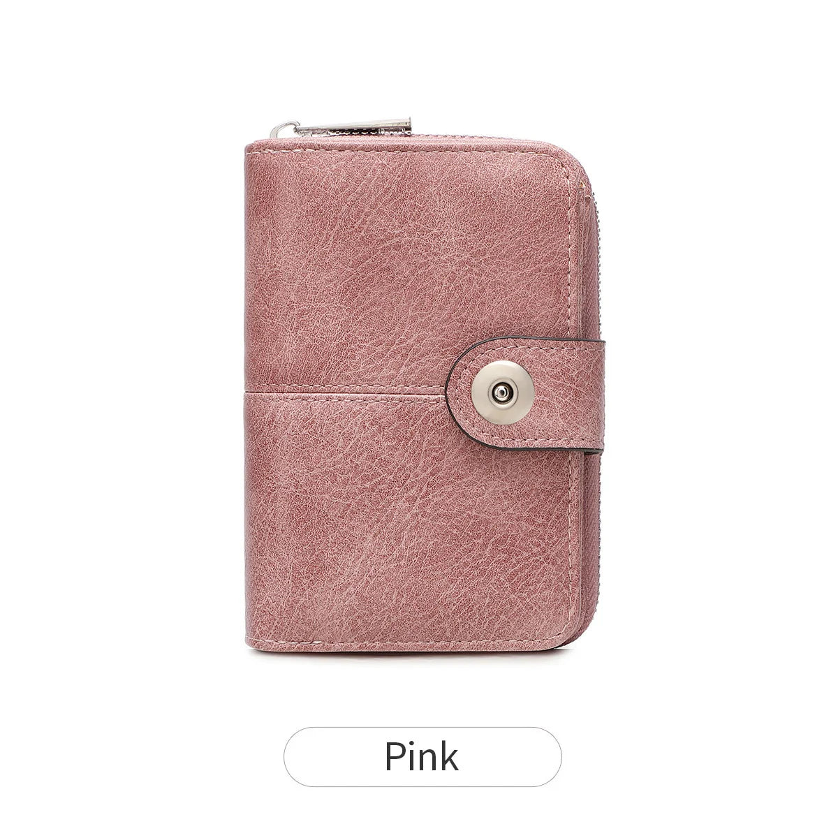 A pink vintage RFID blocking short wallet with a leather texture and zipper closure.
