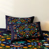 Dark blue floral butterfly duvet cover set featuring a vibrant, colorful print.