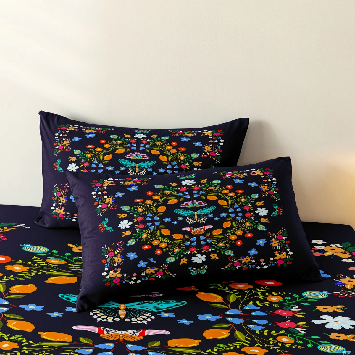 Dark blue floral butterfly duvet cover set featuring a vibrant, colorful print.