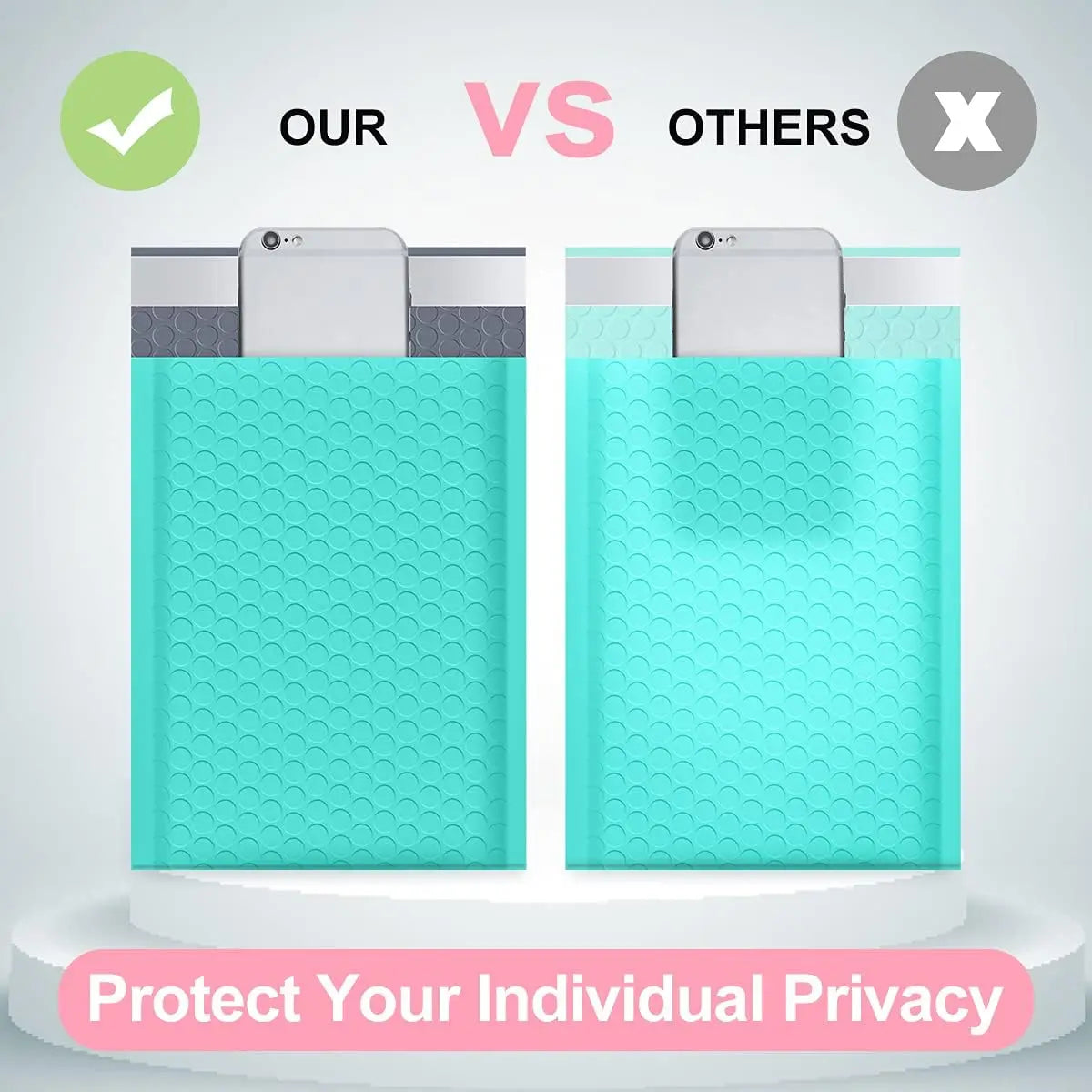 Comparison image showing our bubble mailers versus others, highlighting protection for individual privacy.