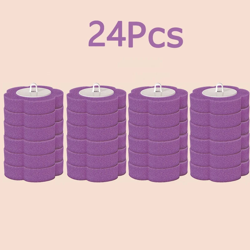 A set of twenty-four purple disposable toilet brushes and holders.