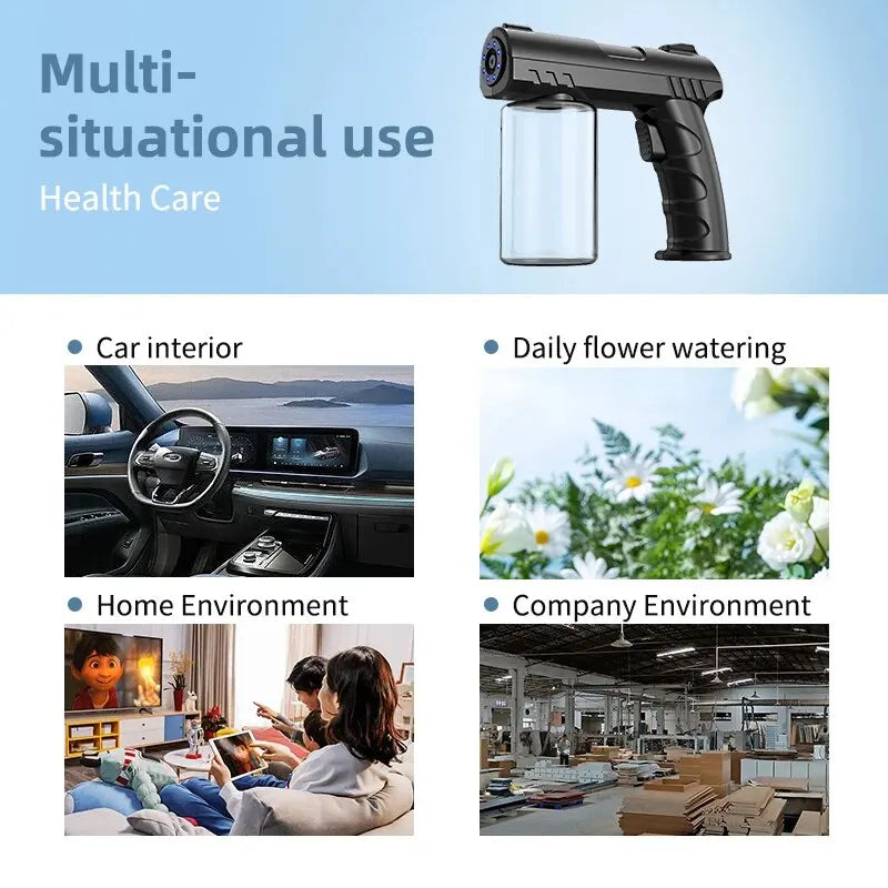 Black rechargeable electric spray bottle used for multi-situational purposes like health care, gardening, and various environ