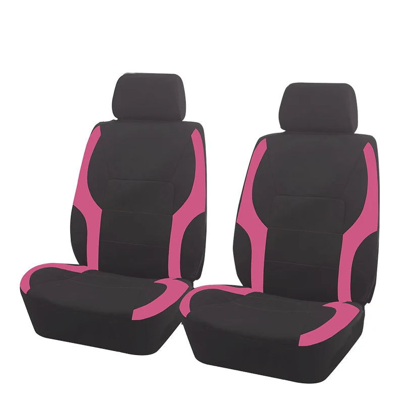 A pair of black and pink two-tone car seat covers shown side by side.