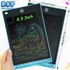 A hand holds an 8.5 inch LCD writing tablet for kids with a stylus pen, displaying a dinosaur drawing on the screen.