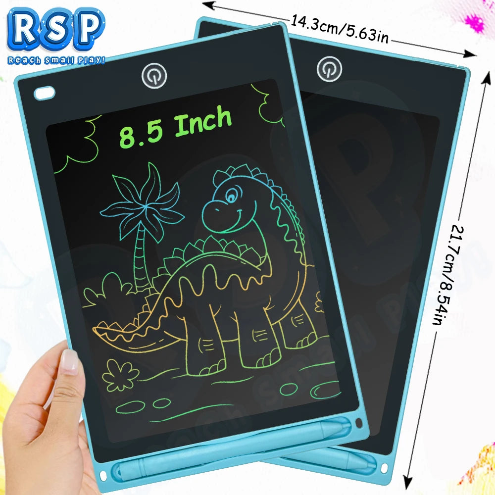 A hand holds an 8.5 inch LCD writing tablet for kids with a stylus pen, displaying a dinosaur drawing on the screen.
