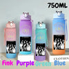 A set of three 750ml portable sports water bottles in pink, purple, green, and blue colors displayed on a white box.