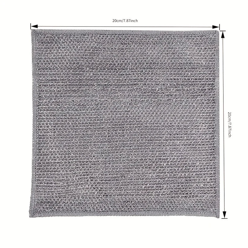 A gray reusable steel wire scrubber dishcloth shown flat.