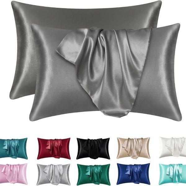 Ein Set aus Satin-Seidenkissenbezügen in verschiedenen Farben wie Grau, Silber, Pink, Rot, Schwarz und Grün.