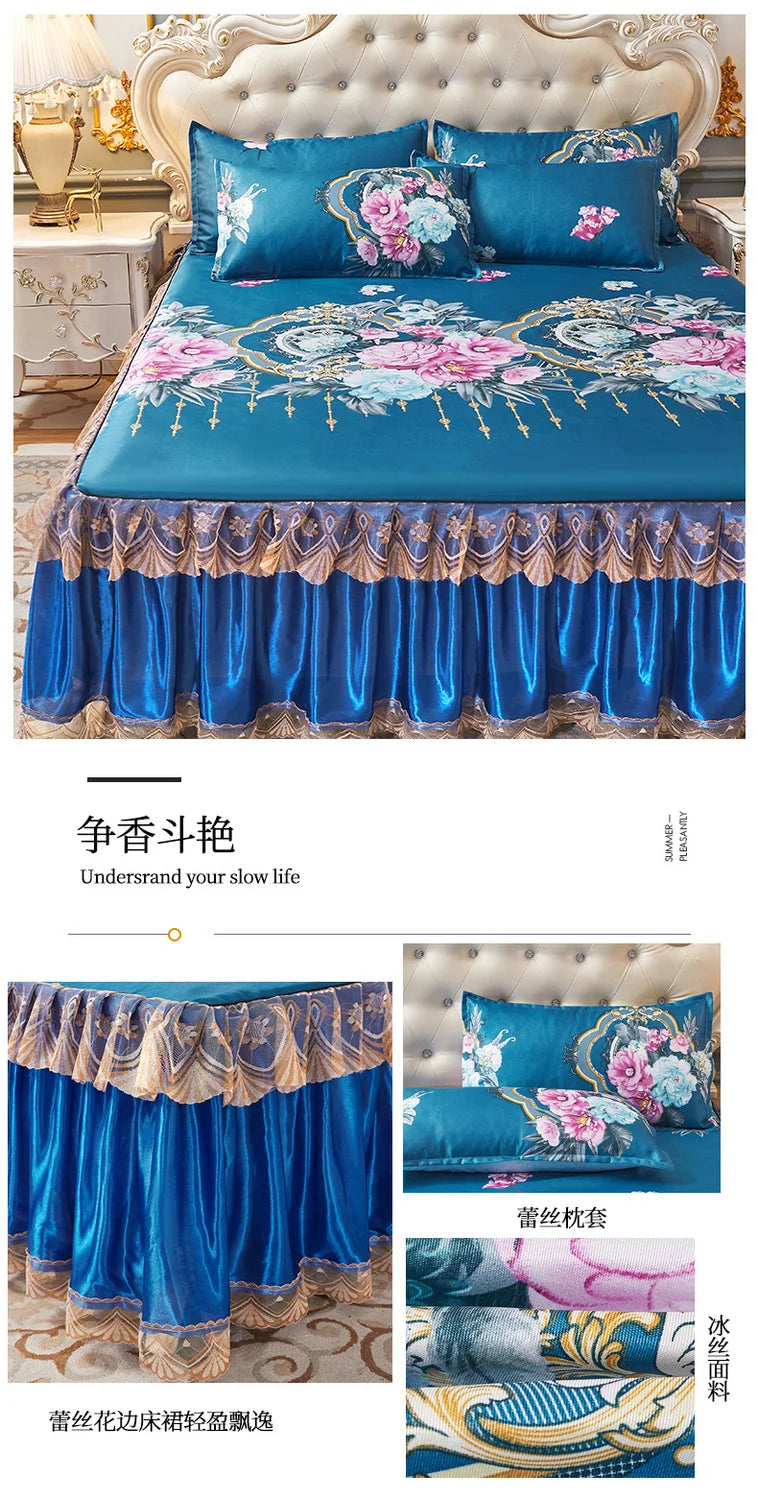 4-Piece Royal Blue Bedding Set with Bed Skirt and Pillow Covers