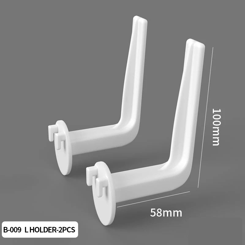 White L holder organizer with two vertical rods and mounting brackets shown against a gray background.