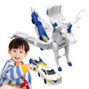 A young boy is holding a white and blue transforming unicorn car toy with magnetic collision parts.