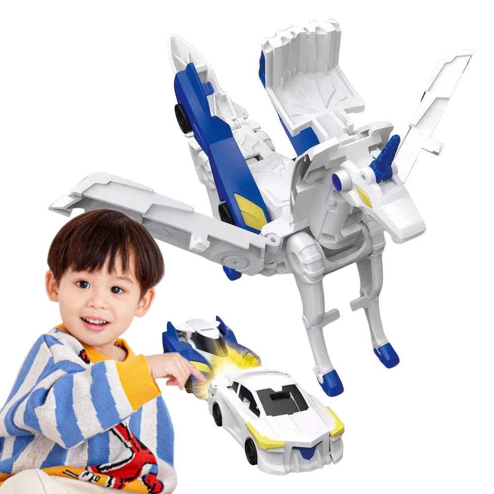 A young boy is holding a white and blue transforming unicorn car toy with magnetic collision parts.