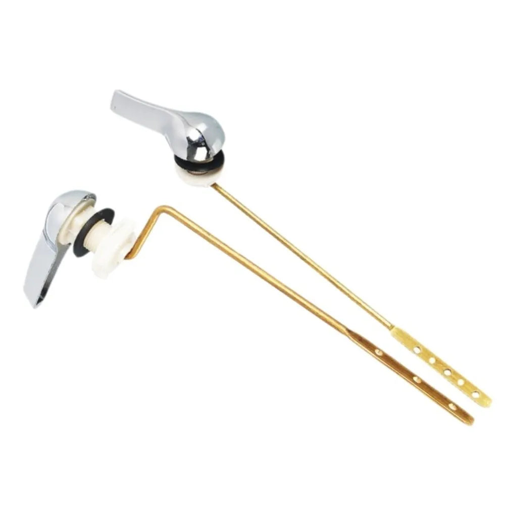 Brass toilet tank flush lever with side mount design.