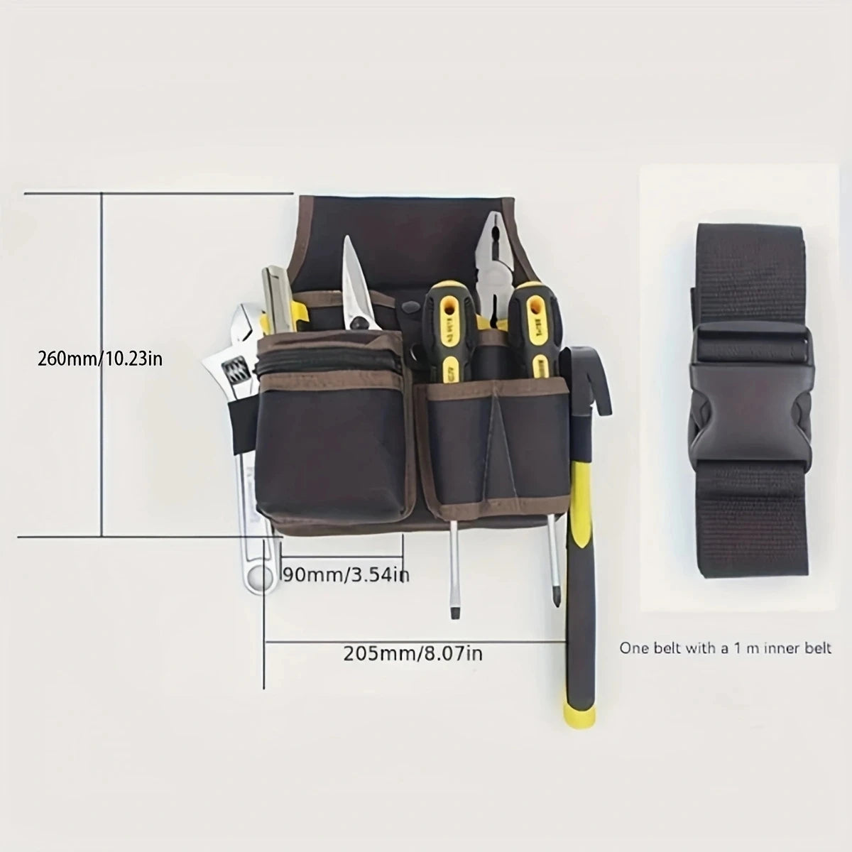 A dark brown heavy-duty tool waist bag with multiple pockets and a 1m inner belt is shown.