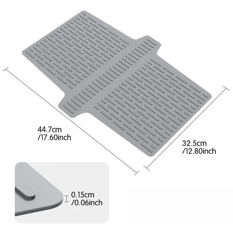 A gray silicone sink protector mat with drainage holes shown from above and a close-up of the edge.