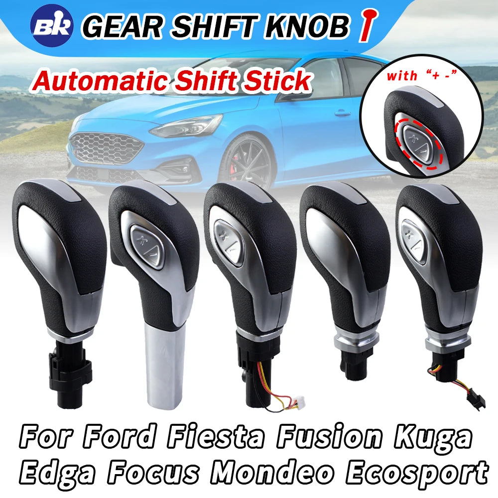 Set of five leather-wrapped automatic gear shift knobs for Ford Fiesta, Fusion, Kuga, Edga, Focus, Mondeo, and Ecosport.