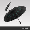 A black windproof travel umbrella is shown open against a light gray background.
