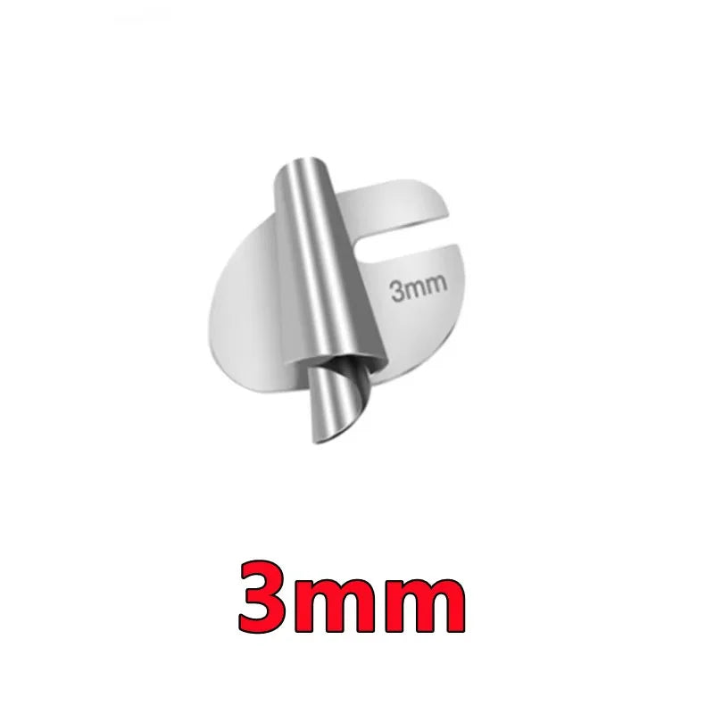 A silver rolled hemmer foot set for sewing machines with a 3mm measurement indicator.