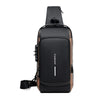 Bolso cruz sling negro y marrón multifuncional antirrobo con correa de cuero.