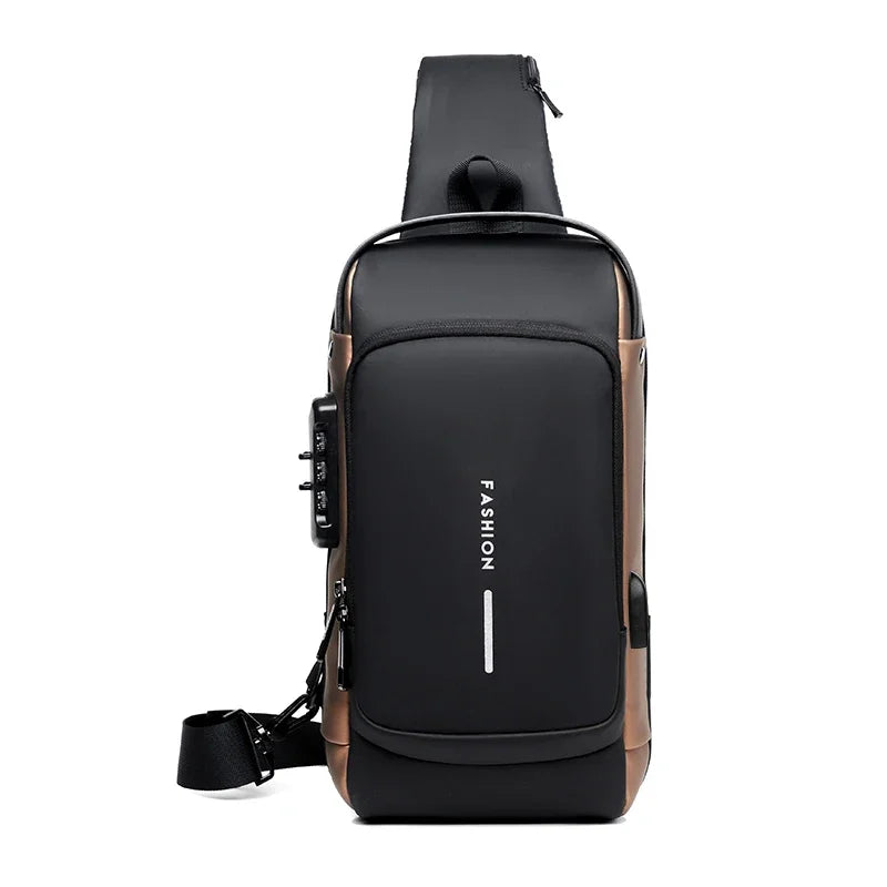 Bolso cruz sling negro y marrón multifuncional antirrobo con correa de cuero.