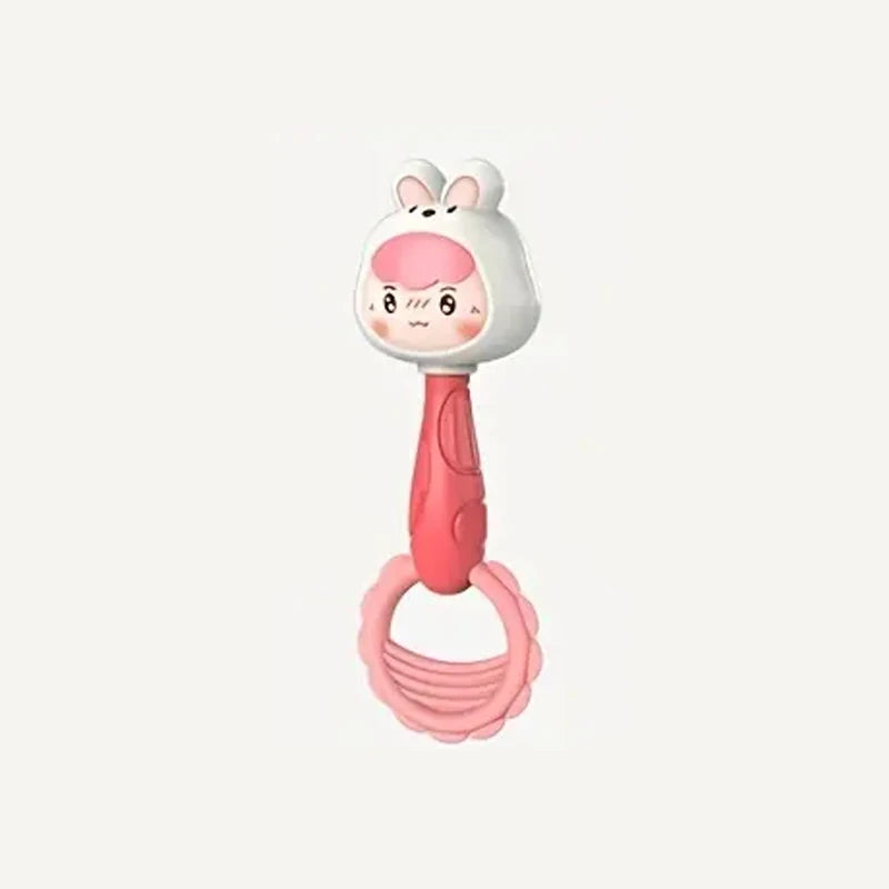 A pink cartoon animal rattle toy with a white head and pink body.
