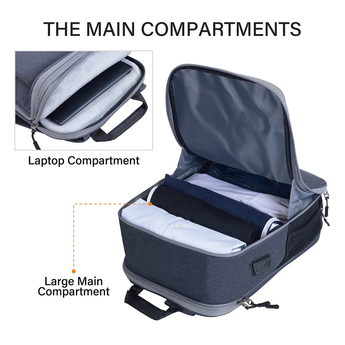 An open laptop backpack showing two compartments: a laptop compartment and a large main compartment.