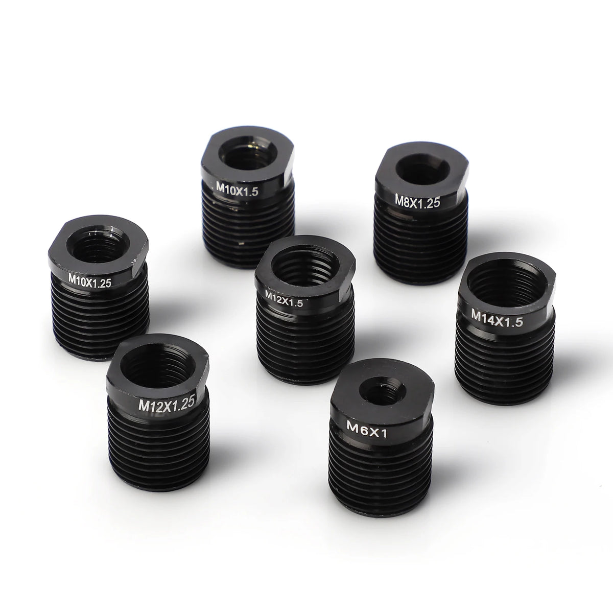 A collection of black threaded adapters and knobs with various metric sizes M10, M8, M12, and M6.