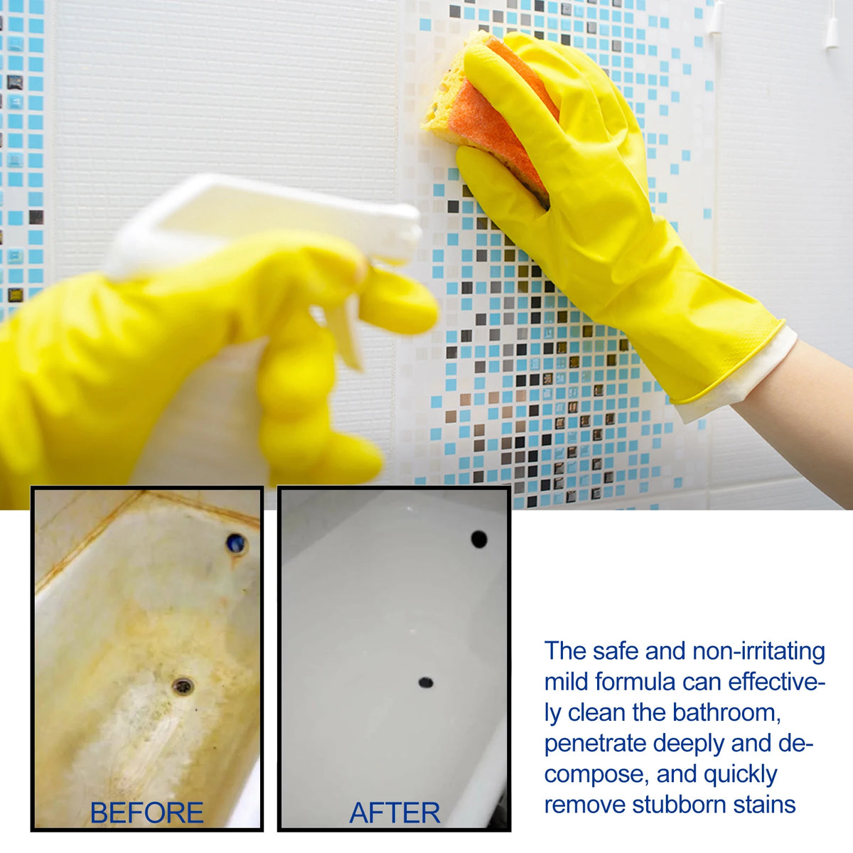 Yellow gloved hand cleans a bathroom surface before and after using a mild formula to remove stains.