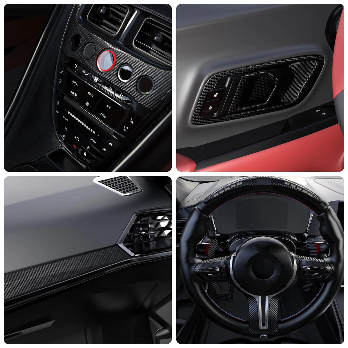 Close-up view of a car interior showing carbon fiber trim, dashboard controls, and steering wheel details.