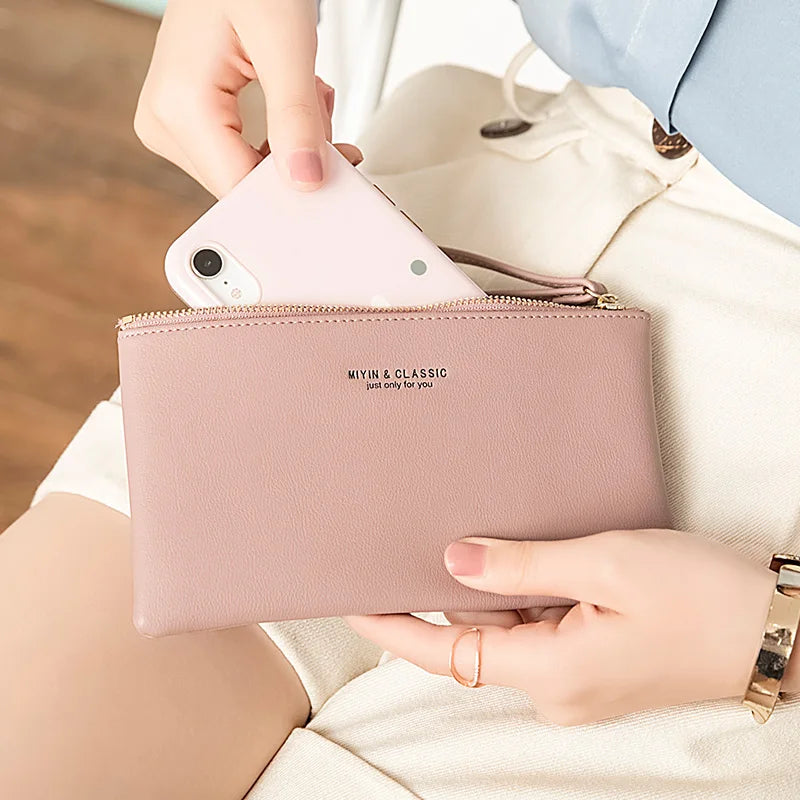Slim PU Leather Zip-Around Wallet with Card and Phone Pockets