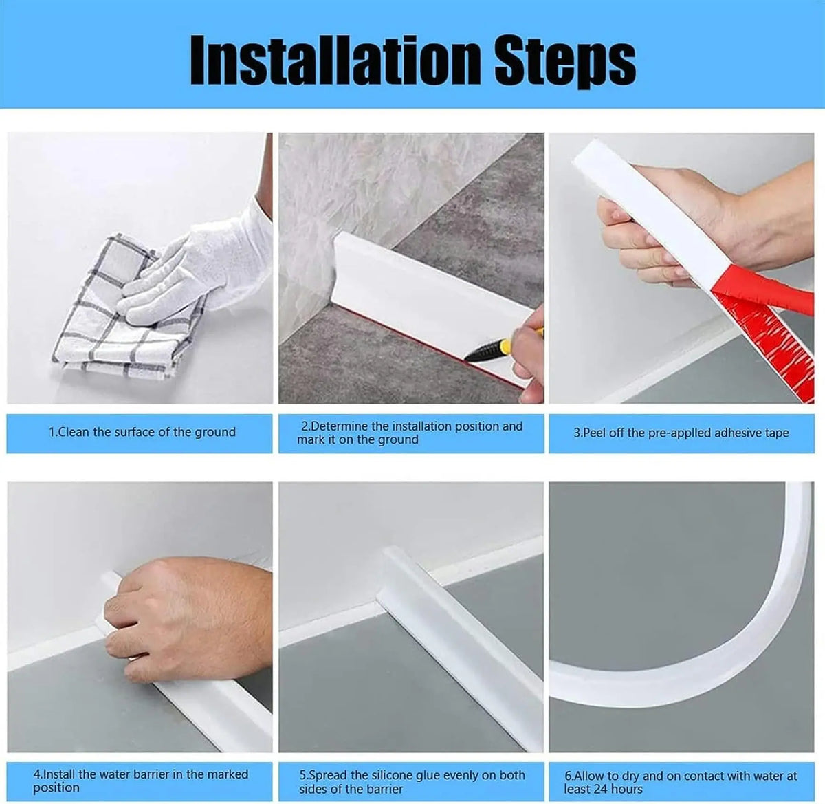 Installation steps showing how to install a flexible shower water barrier for dry-wet separation