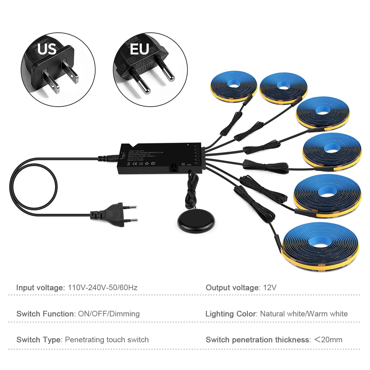 A black touch-dimming COB LED strip light with US and EU plugs and various wiring options.