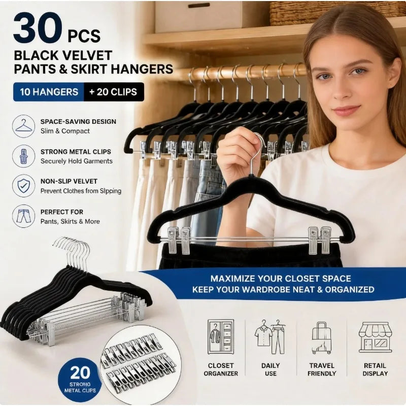 A woman holds a black velvet pants and skirt hanger with non-slip grip, showing various hangers and metal clips for closet or