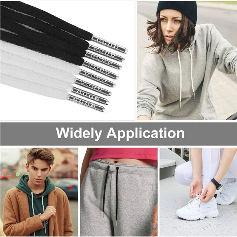 A set of black, white, and silver drawstring replacement cords with locks and threaders shown alongside a person wearing a gr