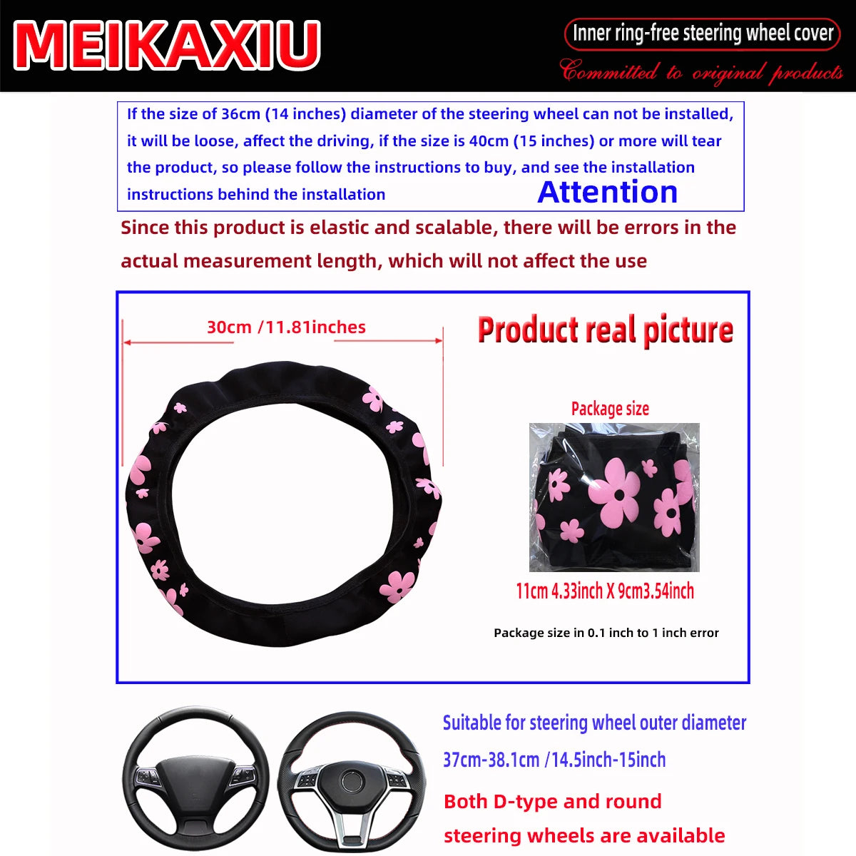 Black floral steering wheel cover for 37-38cm wheels with a pink flower design