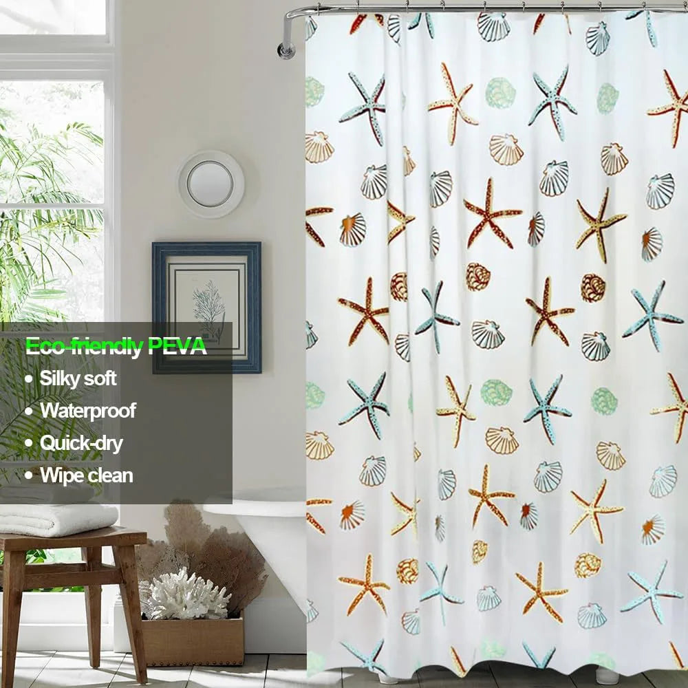 Starfish Waterproof PEVA Shower Curtain with Hooks