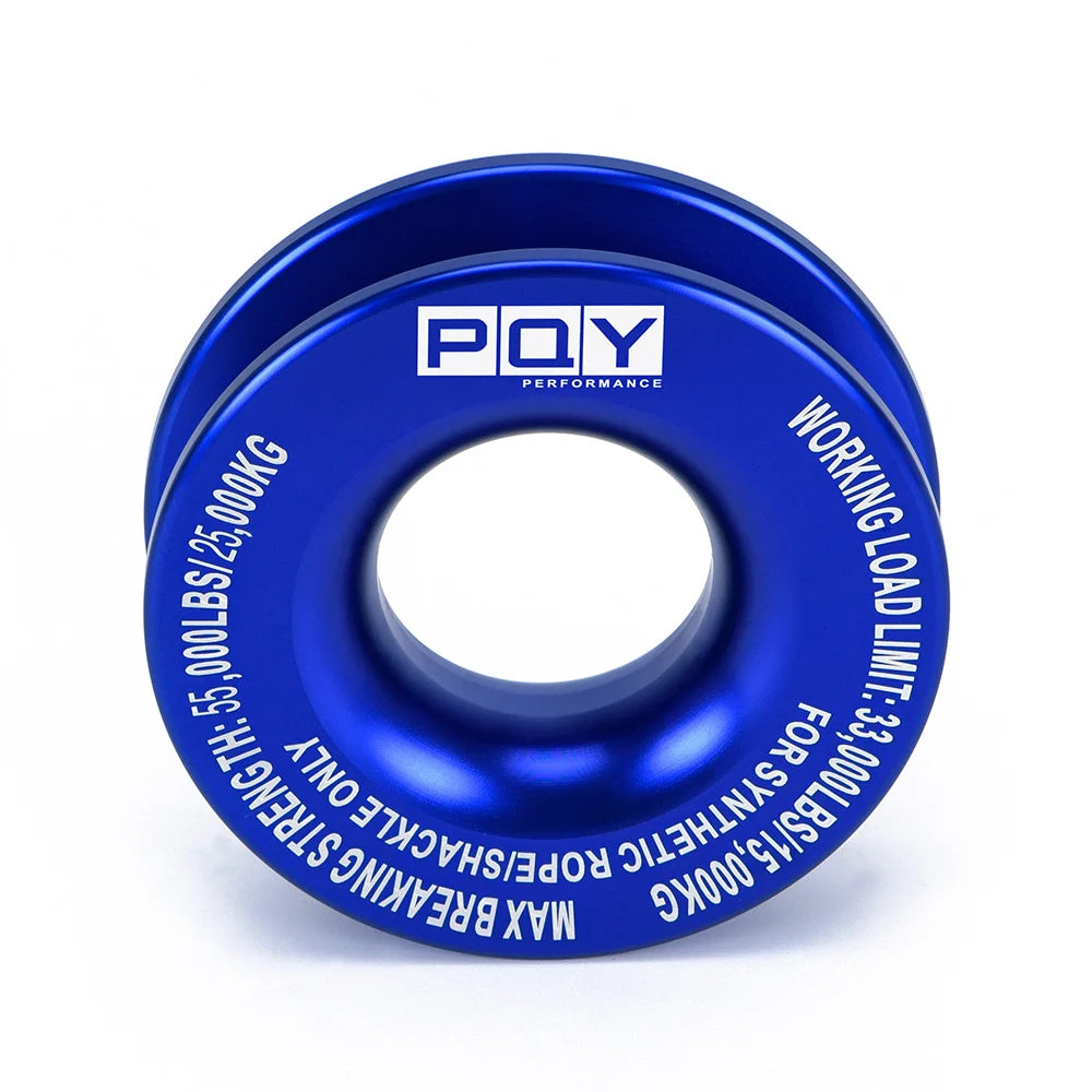 Blue recovery ring and synthetic winch rope set with protective sleeve