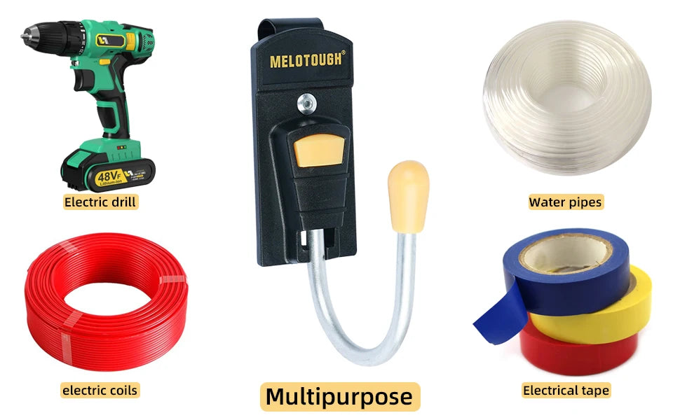 A black holster for an electric drill with a metal belt hook and electrical tape rolls.