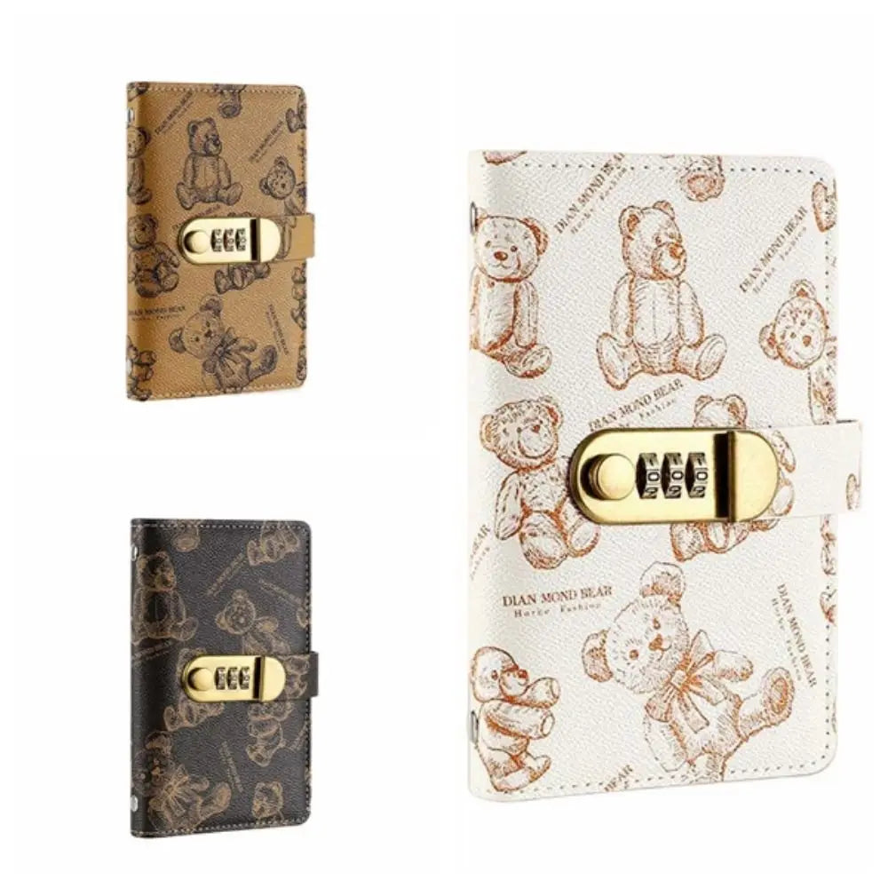 A set of brown and black patterned lockable money organizer notebooks featuring cartoon bear designs.