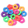 A pile of colorful acrylic spacer beads in various shades including pink, orange, purple, blue, and green.