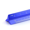 A blue precision aluminum triangular scale ruler with markings for drafting and drawing.