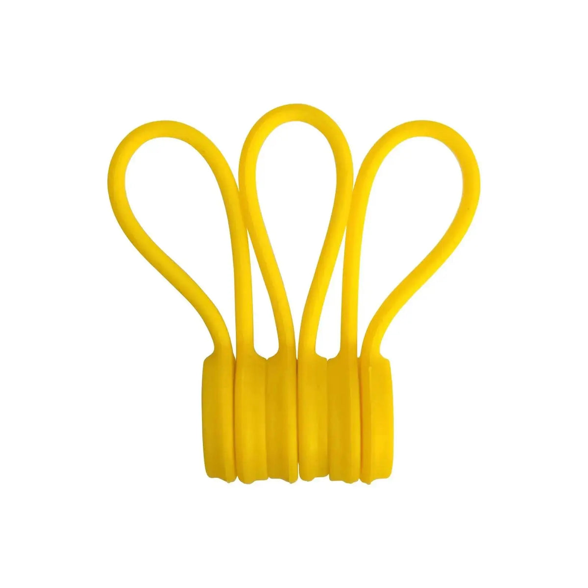 A pack of three yellow magnetic silicone cable ties used for organizing cords.