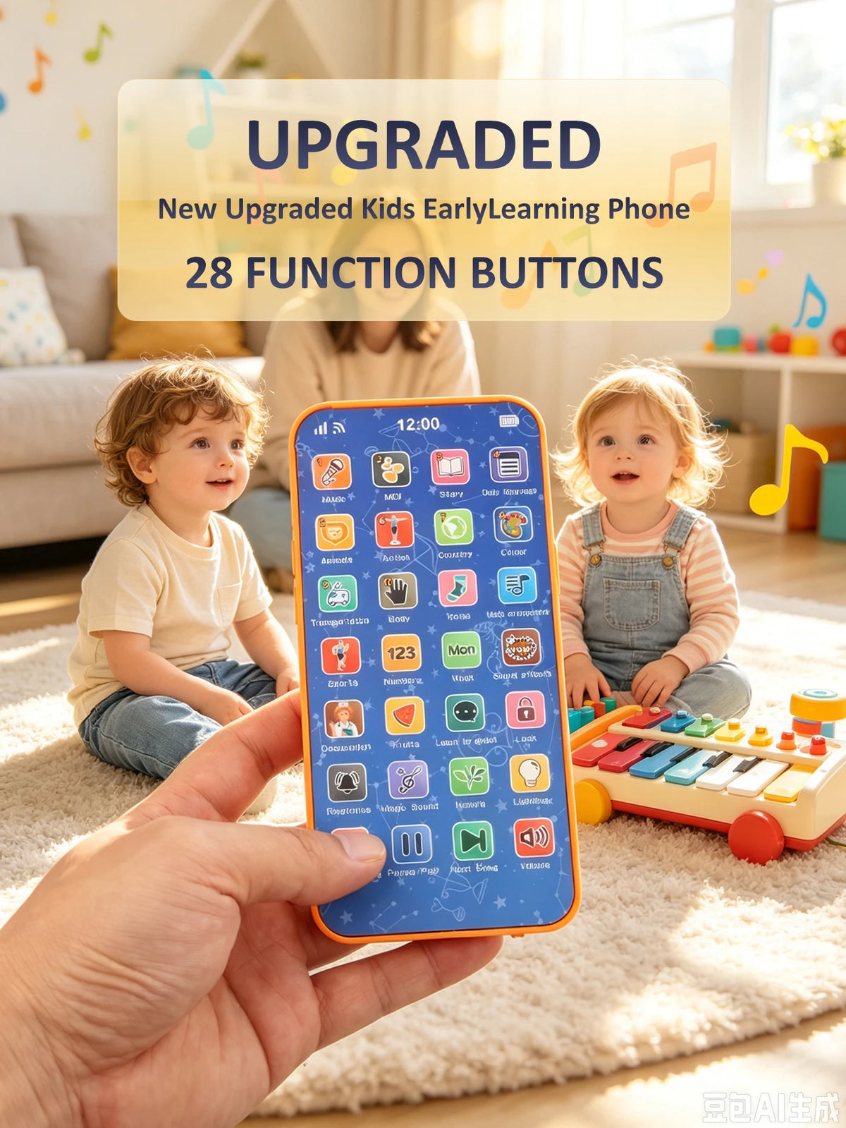 A child holds an upgraded early learning phone with 28 function buttons in a bright indoor setting.